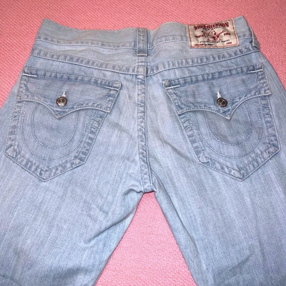 True Religion Slim Flap Mens Jeans Light Wash Blue Denim Size 33